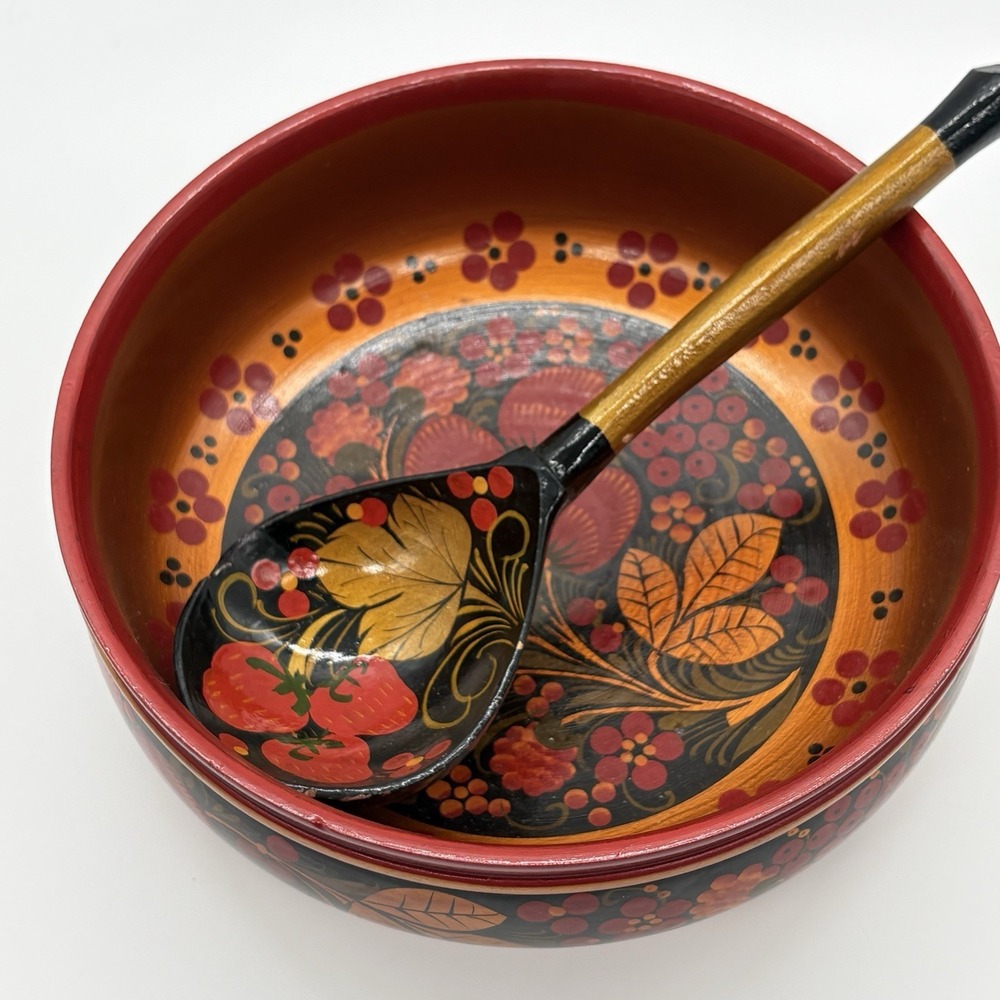 Russian Art Khokhloma Wooden Bowl Matching Spoon Traditional Floral Berry Design - Picture 13 of 16